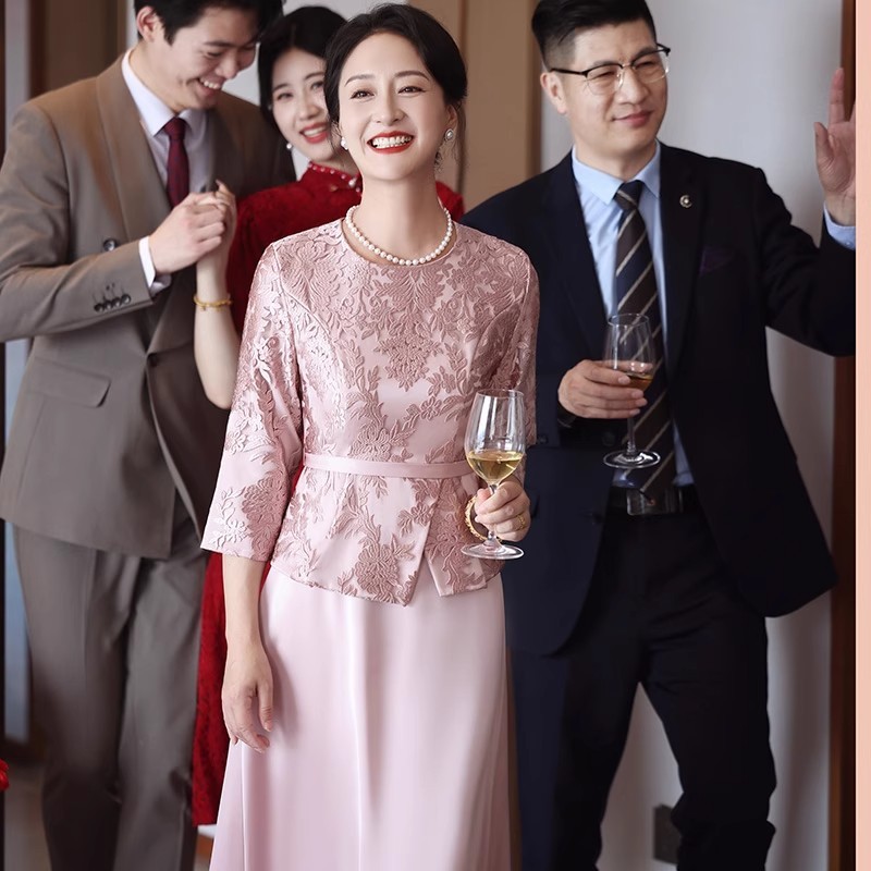 yhfs7846喜婆婆婚宴装礼服裙2025秋季新款年轻妈妈粉红色连衣裙女|undefined