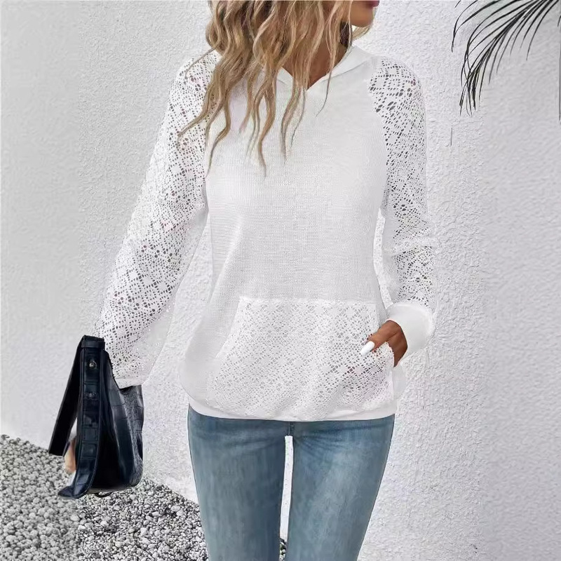 2024 Amazon Europe and the United States cross-border new women's lace waffle stitching hoodie casual sweater 2024 Amazon Europe and the United States cross-border new women's lace waffle stitching hoodie casual sweater