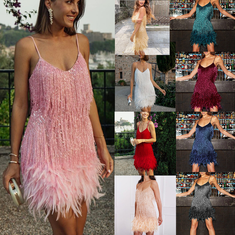 2025 European and American Cross-Border Women's Clothing Character Tassel Feather Sequin Evening Dress V Neck Suspender Dress Summer