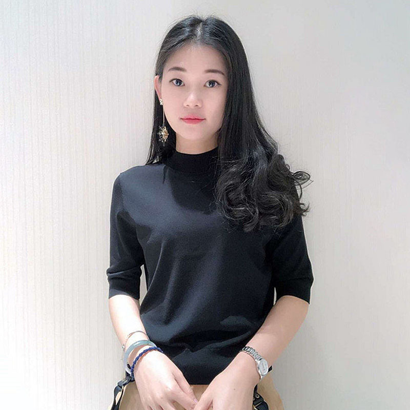 Áo thun nữ cổ nửa cao tay lửng chất liệu lụa đá ôm dáng — Màu sô cô la
