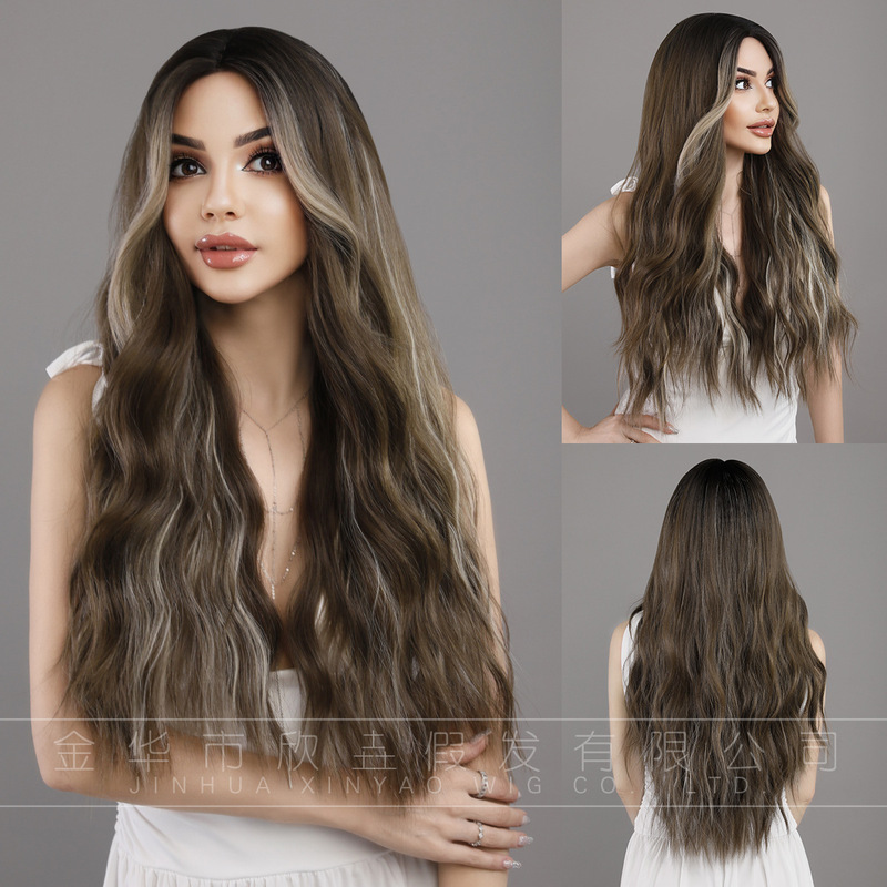 Pay Attention to Order - Wig for Women with Middle Parting Long Hair, Wavy Curls, Brown Highlights, Chemical Fiber, High Temperature Silk, European and American Popular Wigs