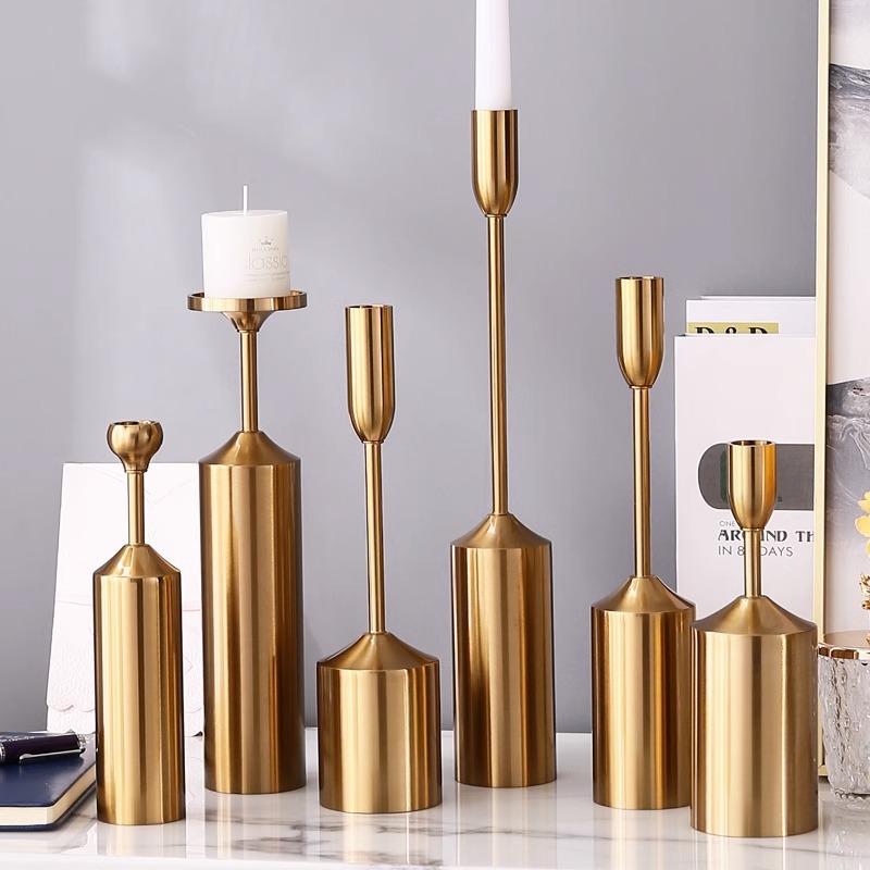 Candelaria europea metal galvanizado boda cena de velas geométricas seis piezas conjunto de adornos de cera adornos al por mayor mesa de comedor