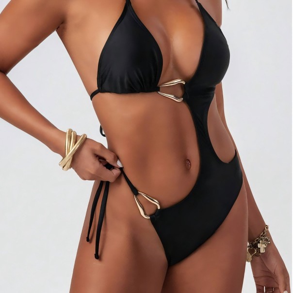 2025 nuevo estilo europeo y americano color sólido hebilla de gota de agua hueca cuerda traje de baño de una pieza bikini comercio exterior transfronterizo