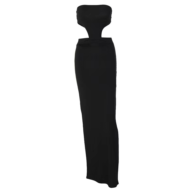 Fashion Sexy Strapless Hollow Out Cutout High Slit Bodycon Evening Dresses For Women_ecoleips.com