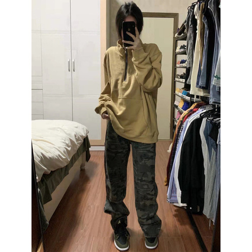 American Retro Camouflage Women's Spring Autumn High-Waisted Straight Leg Loose Wide Leg Work Pants High Street Ins Trend