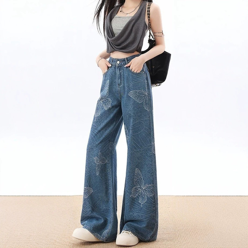 Cross-Border Foreign Trade Women's Denim Wide-Leg Embroidered Silver Butterfly Pattern High-Waisted Slimming Fashionable Straight-Leg Floor-Length Pants Cross-Border Foreign Trade Women's Denim Wide-Leg Embroidered Silver Butterfly Pattern High-Waisted Slimming Fashionable Straight-Leg Floor-Length Pants