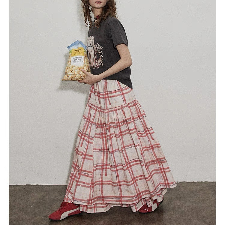 [Cloud Smoke] Plaid Contrast Color Stitching Design Sense Skirt Women's Loose Slim Casual Long Skirt