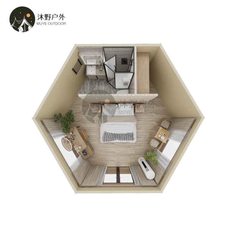 Hexagonal salvaje de vidrio completo sala de comedor tienda de campaña de alta transmisión de luz película PVDF característica patio tienda de campaña