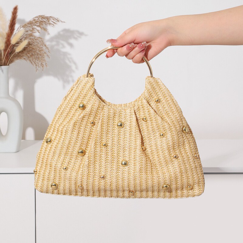 Cross-border New Popular Fashion Beaded Straw Bag Vacation Seaside Beach Woven Pleated Ring Portable Women's Bag