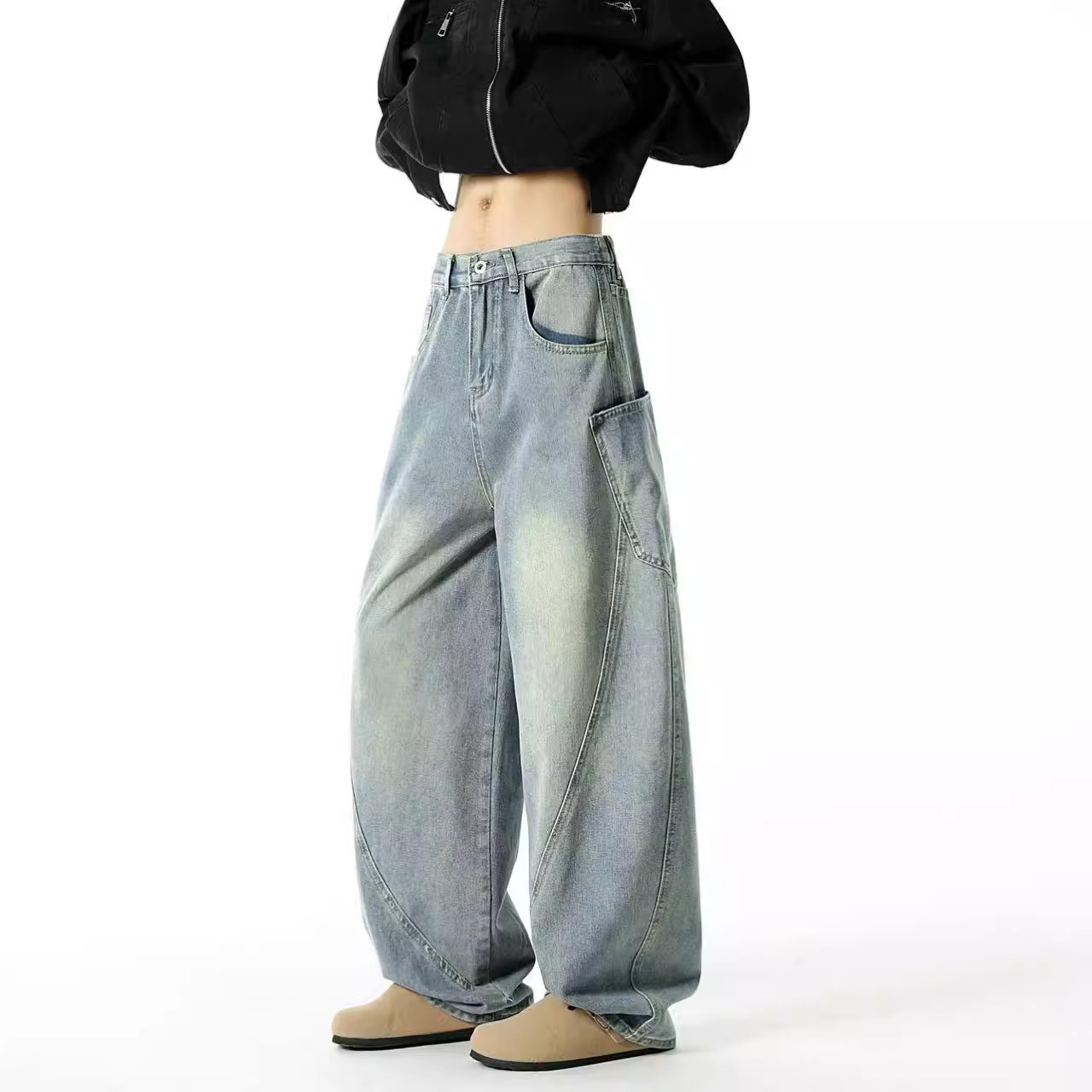 Couple's Straight Sickle Jeans Men's Bag Banana Machete Pants Work Pants American Spring and Autumn Gy Loose Wide Leg