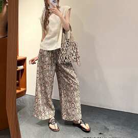 南油货2026新品复古气质棉麻宝相花印花阔腿裤柔软亲肤透气休闲裤