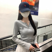 高级感复古刺绣半开领长袖T恤女装2025秋季新款显瘦百搭打底上衣