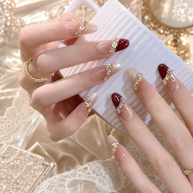 Cat-Eye Pure Handmade Wearable Nails Wholesale French Style High-End Red Medium-Length Bridal Nail Art Fake Nail Tips