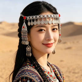复古民族异域风发带新疆哈萨克钱币流苏古银额头链旅拍头饰女