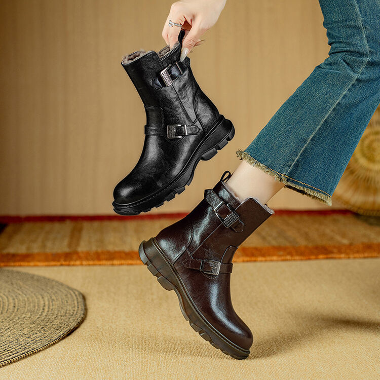 Martens, belt, leather buckle, keep warm comfortable low boots