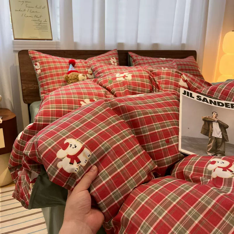 全棉磨毛卡通加厚四件套100全棉条格被套床单床笠学生宿舍三件套~