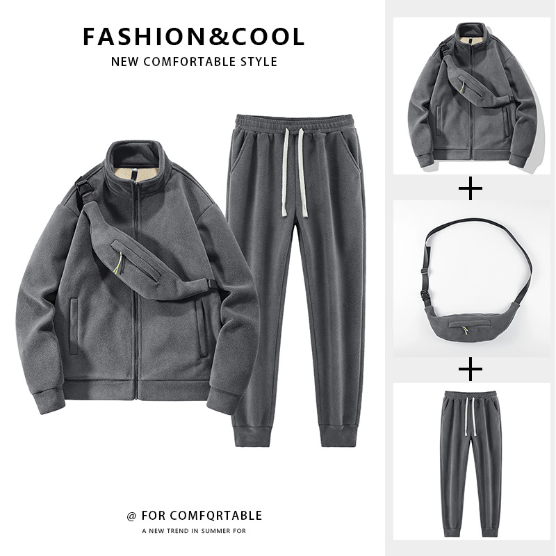 摇粒绒运动套装男冬季保暖加厚抓绒外套休闲穿搭一整套羊羔绒衣服