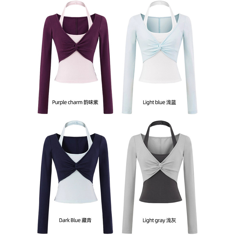 American Retro Design Fake Two-Piece Halterneck Long-Sleeved T-Shirt for Women Autum New Sexy Slim Contrasting Color Top Batch