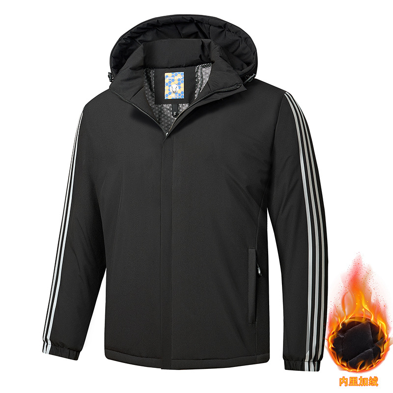 Men's fleece-lined hooded sports cotton jacket, winter windproof and warm outerwear, casual three-stripe stand-up collar zip-up jacket