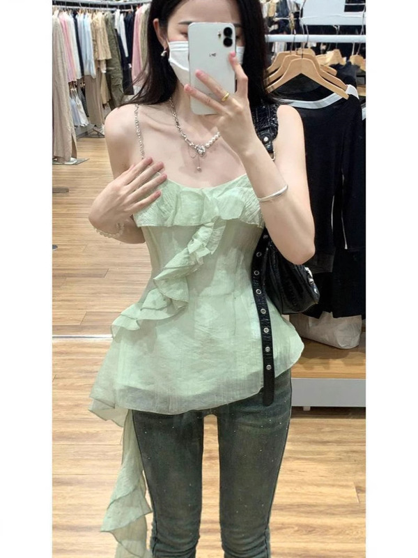 小柄な人向けの不規則なサスペンダーフリルベスト、夏の甘くてスパイシーな新しいノースリーブウエストスリムフィットサスペンダートップ|undefined
