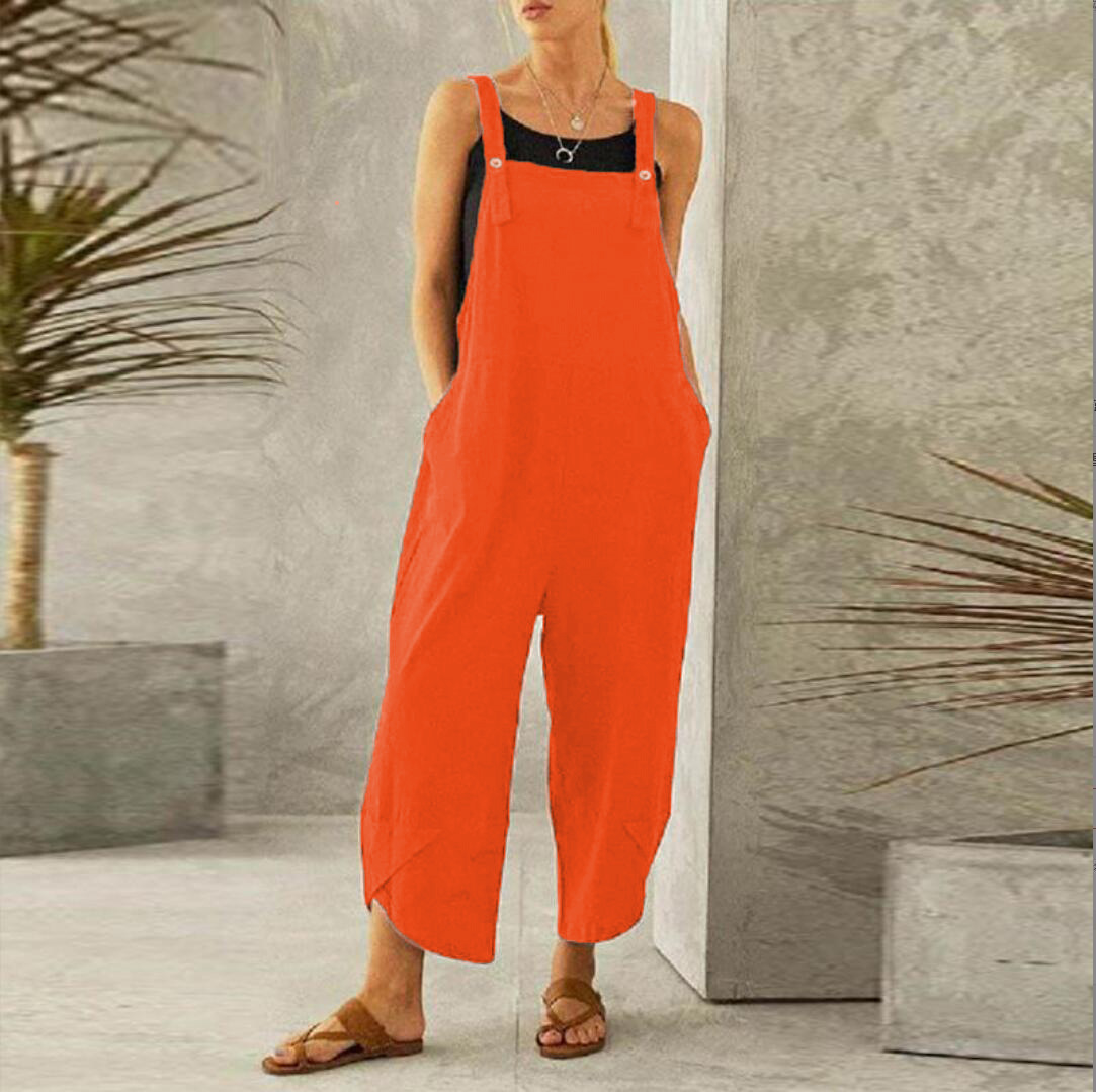 Tuta da donna ampia e larga, estiva, regolabile, in cotone e lino, tinta unita, pantaloni larghi, tute da donna oversize_voghion.com