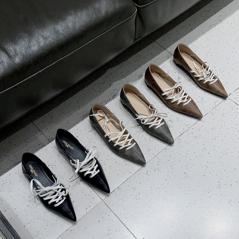 2025 New Pointed Toe Lace-Up Inner Heightening Flat Shoes for Women, Simple and Versatile Retro Style