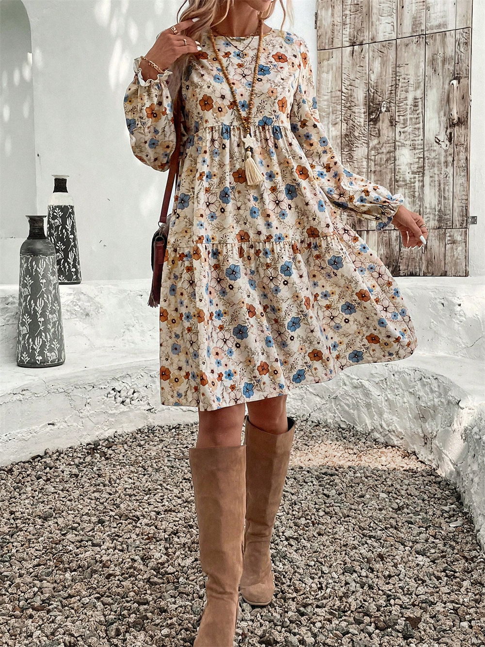Printed round Neck Lantern Sleeve Frill Loose Casual Dress Autumn 8 Printed round Neck Lantern Sleeve Frill Loose Casual Dress Autumn