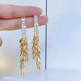 超闪金色麦穗长款耳环女夸张个性显脸瘦欧美时尚潮流耳饰网红气质