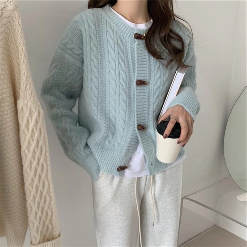 Button-Down Solid Color Jacquard Round Neck Knit Cardigan Sweater Outerwear Long Sleeve Patchwork Simple Versatile