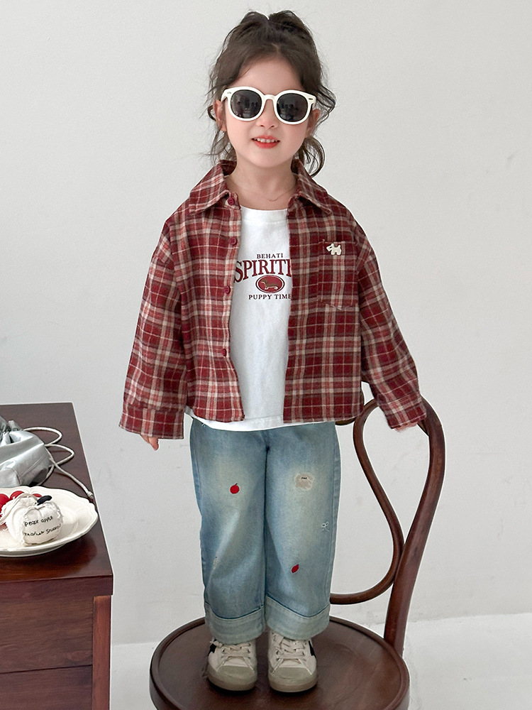 Camisas de niñas primavera y otoño 2025 nuevas camisas de niños chaqueta a cuadros chaqueta de primavera de bebés de niñas chaqueta de moda