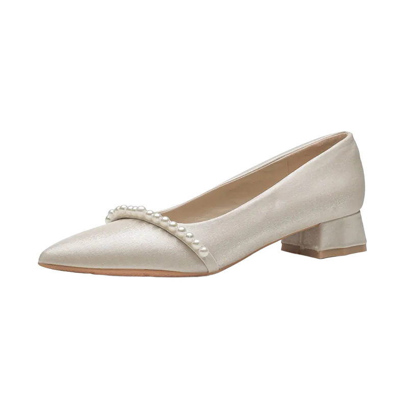 Zapatos franceses de tacón grueso para mujeres extranjeras pueden usar con falda diaria. Nuevos zapatos de boda de tacón alto con punta no cansada.