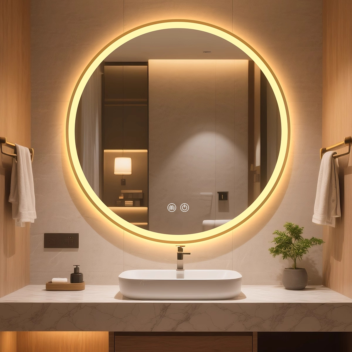 Espejo de baño inteligente Espejo circular Espejo de pantalla táctil Espejo luminoso Espejo de maquillaje montado en la pared Espejo de maquillaje anti-fog