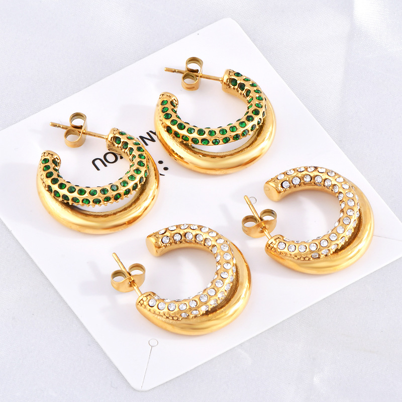 1 Pair Simple Style C Shape Plating Inlay Titanium Steel Artificial Diamond Ear Studs display picture 2