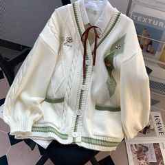 韩版菱形撞色甜美针织开衫女2025新款秋冬拼色慵懒风宽松毛衣外套
