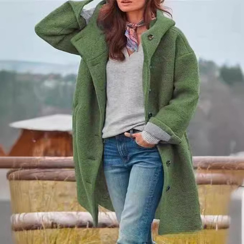 Amazon AliExpress 2025 Cross-border European and American Fashion Women's Woolen Coat Solid Color Hooded Temperament Long Jacket