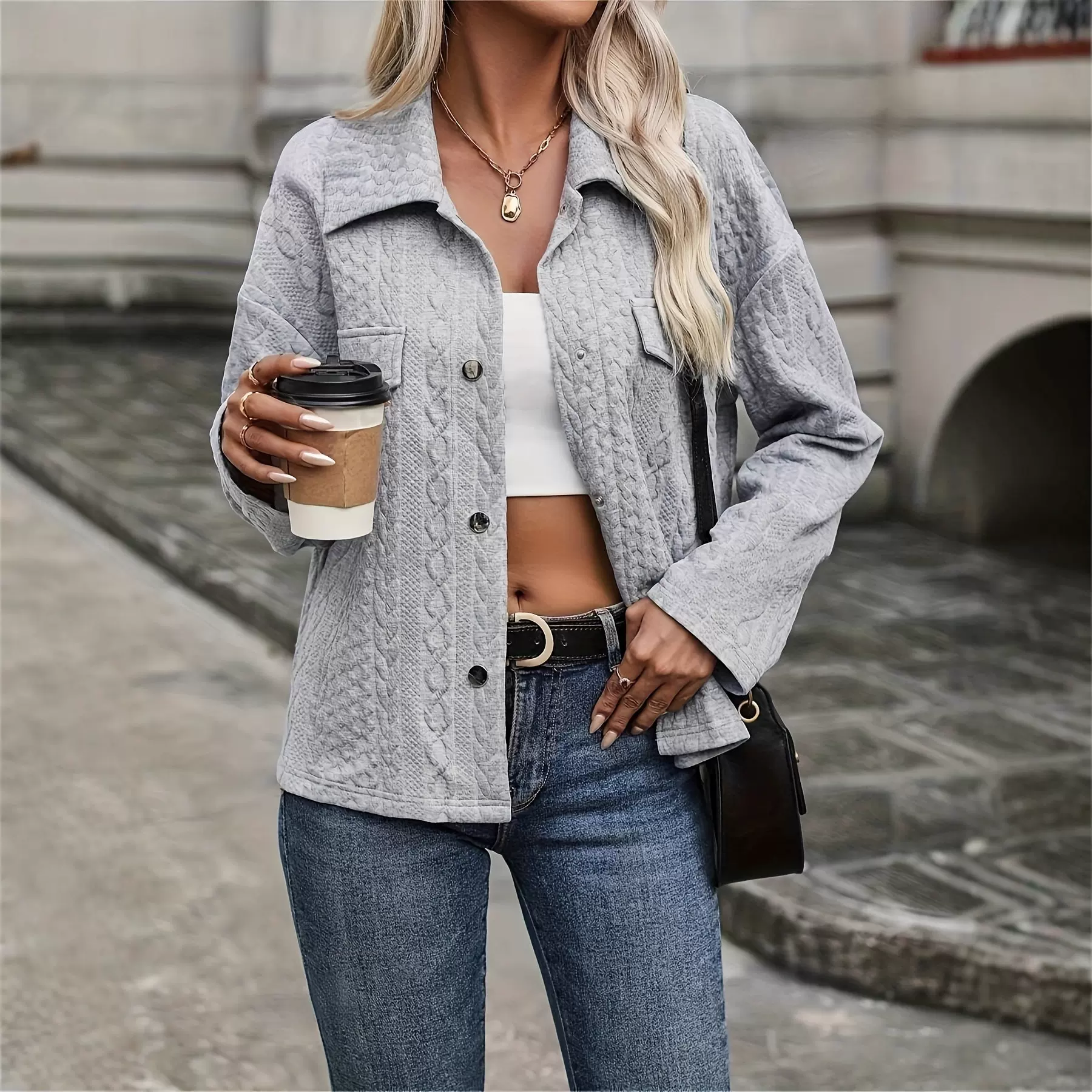 跨境外贸女装外套夹克开衫秋冬新款女士休闲夹克纽扣口袋短款外套