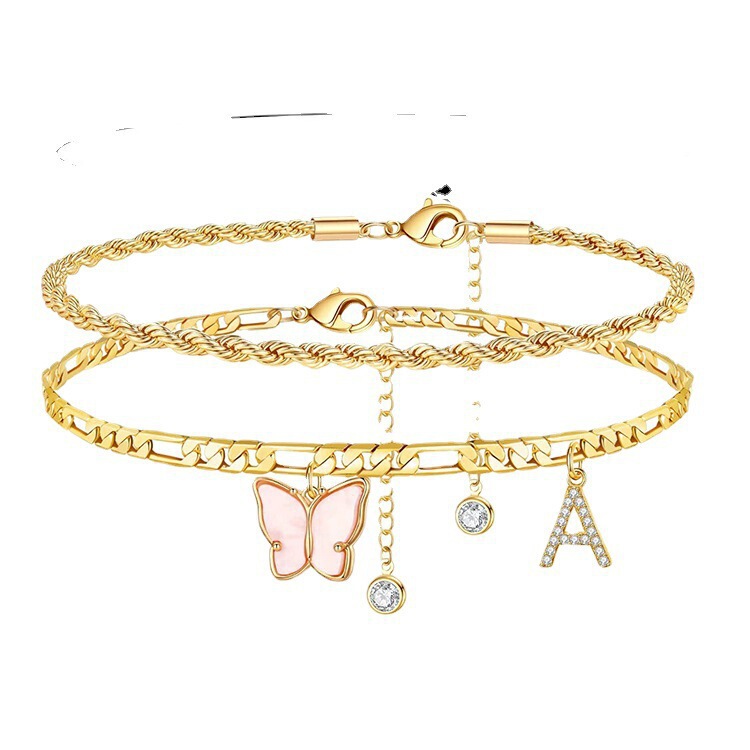 Amazon's New 26-Letter Foot Accessories for Women, Butterfly Double-Layer Stacked Anklets, Stainless Steel Fashionable and Simple Jewelry
