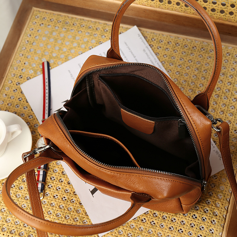 Women's Large Capacity New Genuine Leather Retro Commuter Boston Square Bag Casual Simple Luxury Handbag - Thumbnail 4