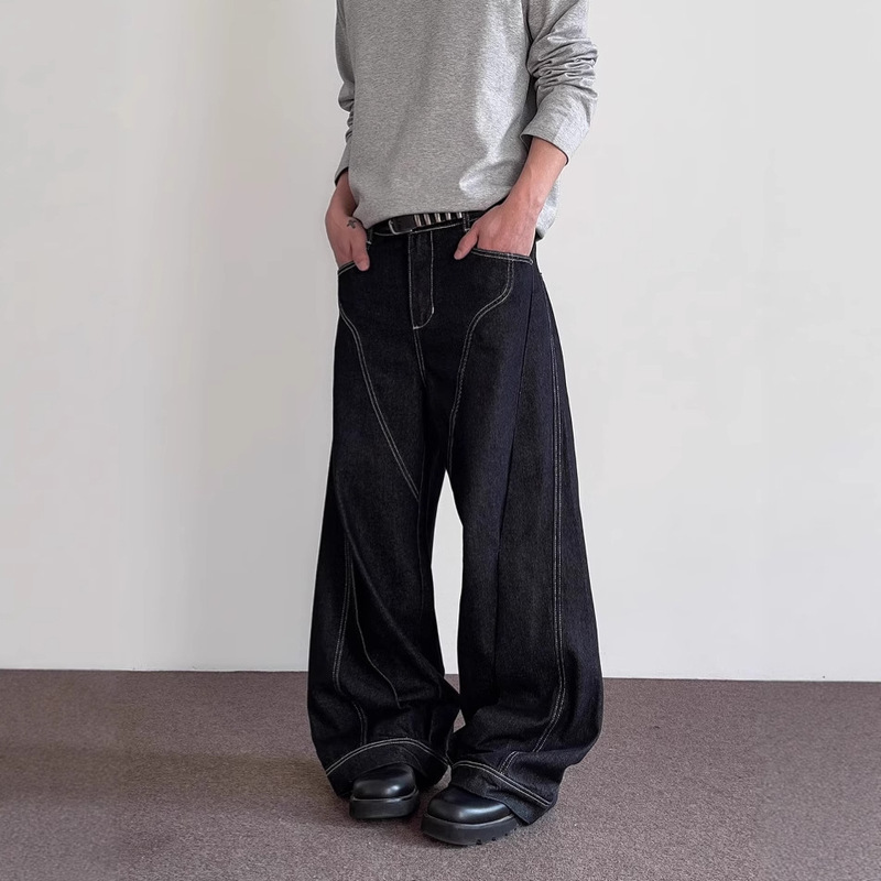 Factory Direct Supply Exposed Stitching Slimming Curved Silhouette Jeans for Women High Street Deep Space Black Unisex Pants for Men