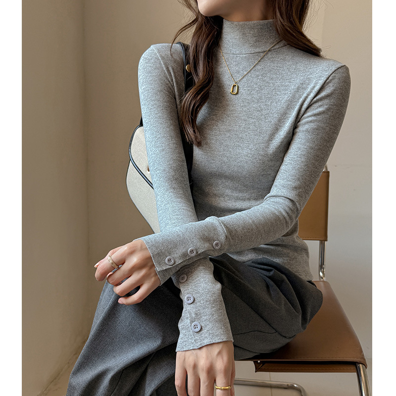 工厂半高领长袖t恤女秋冬季仿羊绒内搭韩系设计感纽扣打底衫上衣
