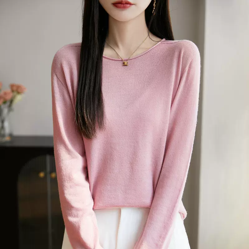 2026年春秋新款精纺羊毛卷边圆领针织衫长袖女纯色套头打底衫上衣