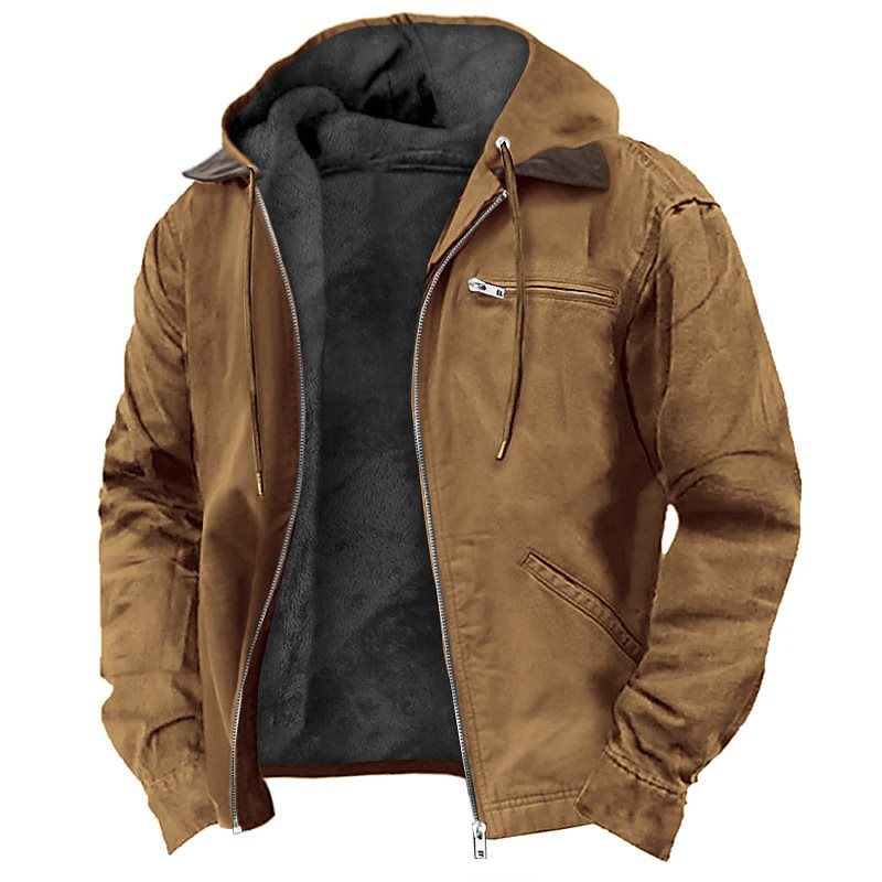 European and American Cross-Border E-Commerce Exclusive Solid Color Hooded Cotton Casual Men's Fleece-Lined Zip Pocket Jacket Coat