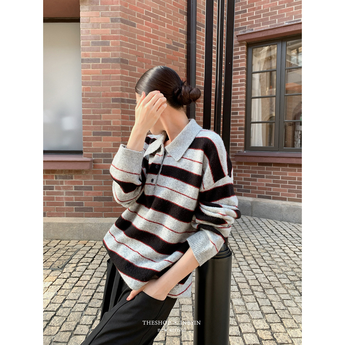 易恩欧inbyin韩系polo领条纹针织衫秋季女装新款柔软宽松长袖上衣