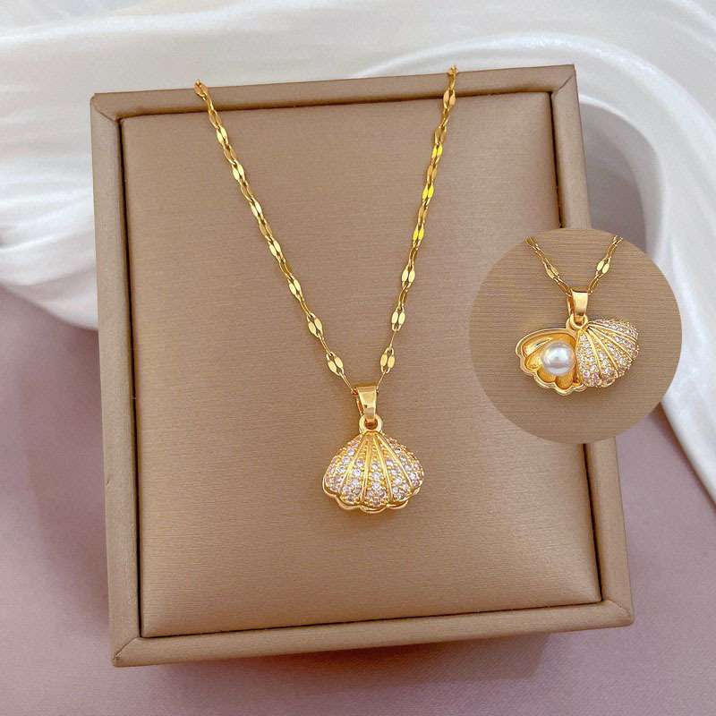 Hochwertige Perlenkette mit Jakobsmuschel-Muschel für Damen, einfache Schlüsselbeinkette, leichter Luxus, vielseitiger und personalisierter Anhängerschmuck_voghion.com