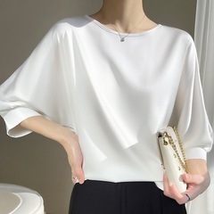 半袖tシャツレディース2025新型夏コウモリ袖ゆるい大きいサイズ上着酢酸サテン薄い丸襟シャツ