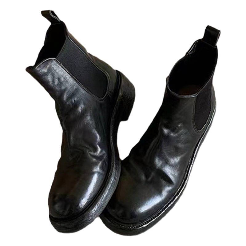 Nuevas botas cortas Chelsea de cuero de caballo lavado para otoño e invierno, con suela gruesa plisada y elástica, para mujer.