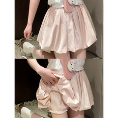 女性用ピンクのつぼみショートスカート、夏用ハイウエスト痩身Aライン露出防止パンプキンパンツ、プチスカート、プリーツスカート