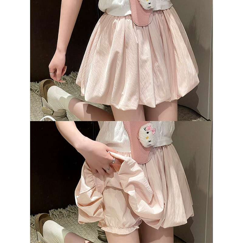 Pink Floral Short Skirt for Women, Summer High-Waisted Slimming A-Line Anti-Exposure Pumpkin Pants Petite Pleated Skirt