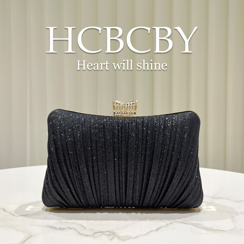 Black Minimalist Shimmering Pleated Clutch Bag Women's Fashionable Elegant Box-Shaped Evening Party Bag