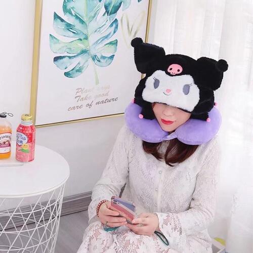 Cute Kuromi Strawberry Bear Multifunctional Hooded U-shaped Car Pillow Blackout PP Cotton Travel Aircraft Nap Neck Pillow